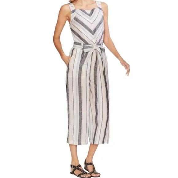 Vince Camuto Pastel Striped 100% Linen Cropped Wide Leg Jumpsuit Size Medium - Picture 15 of 15
